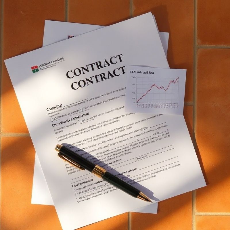 Contrato hipotecario, un bolígrafo y un pequeño gráfico de tipos del BCE sobre una superficie en tonos cálidos