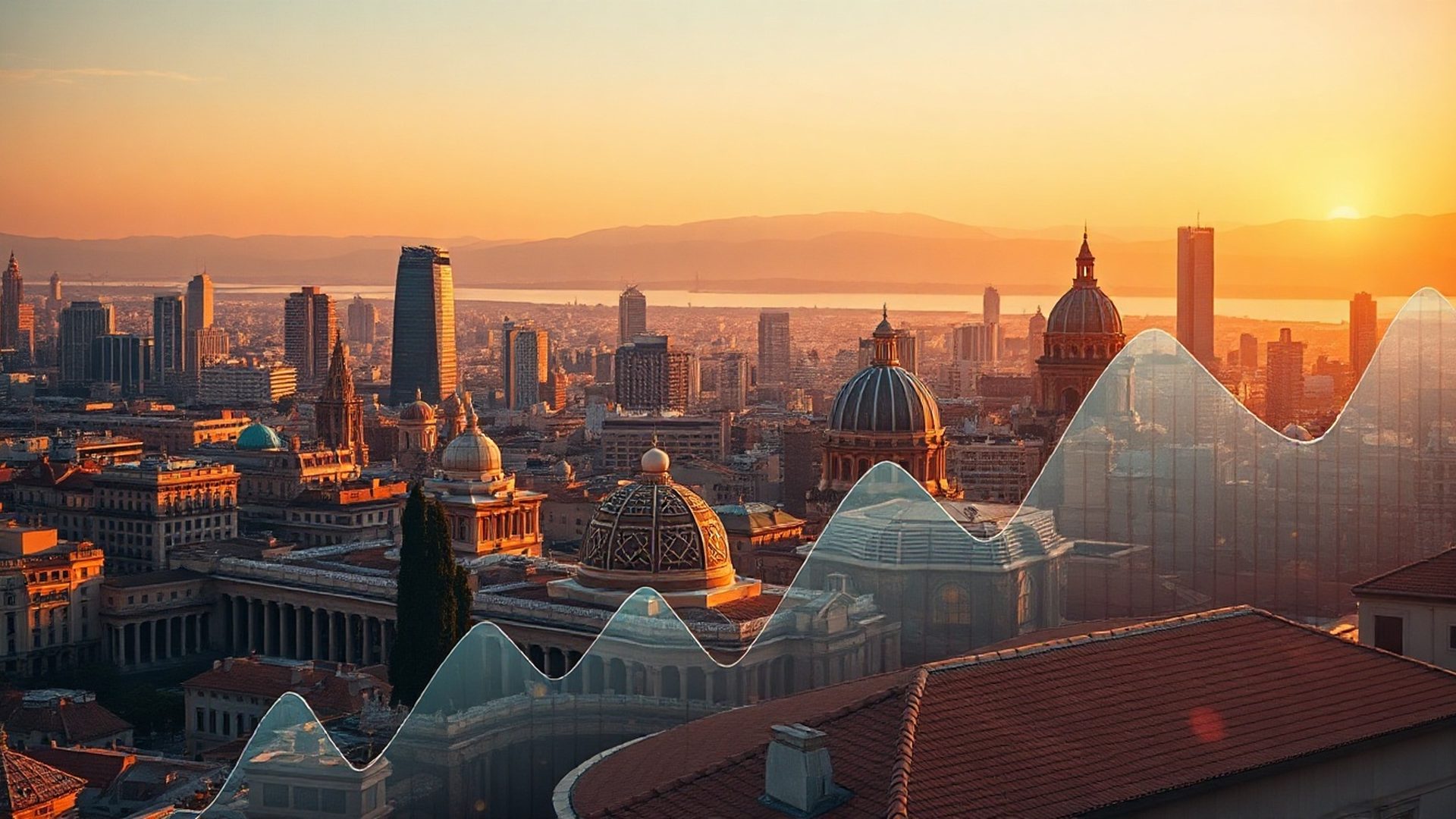Vista editorial de Barcelona al amanecer con gráficos de datos económicos superpuestos