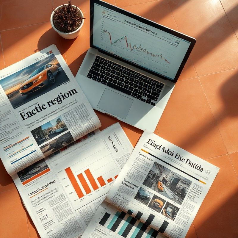 Periódicos económicos españoles y un portátil con gráficos sobre un escritorio en tonos cálidos