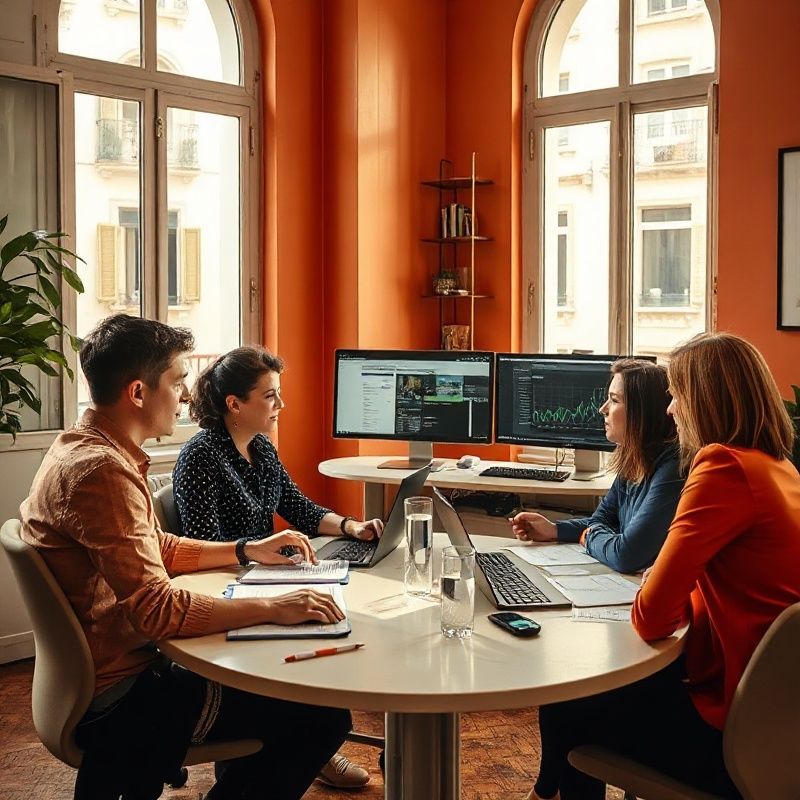 Equipo editorial de seis personas trabajando en una oficina luminosa del Eixample de Barcelona