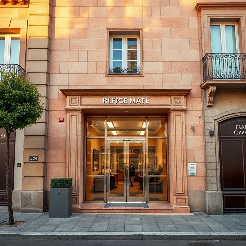 Entrada de la oficina de Atelier Martínez en el Eixample de Barcelona con fachada de piedra en tonos cálidos